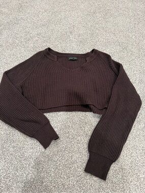 Cotton Candy Cropped Rib-Knit Sweater Top - Dark Brown
